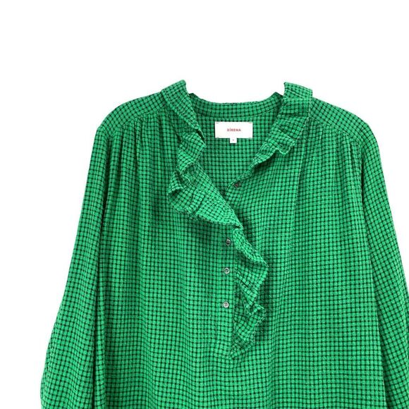 Xirena Hedge plaid ruffle neck Caspian Top blouse Size‎ M green - Picture 3 of 8